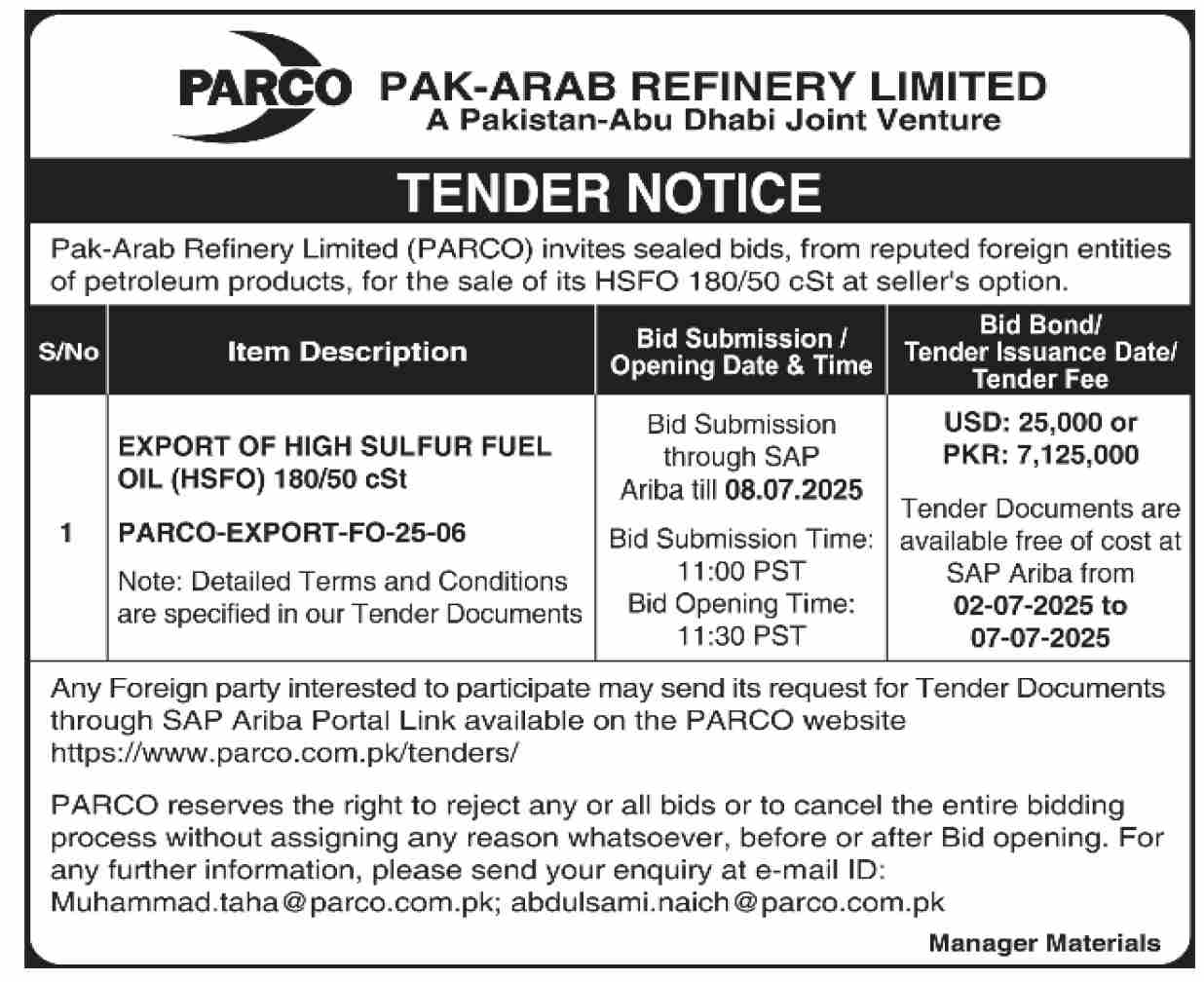 Pak Arab Refinery Limited Tender Notice